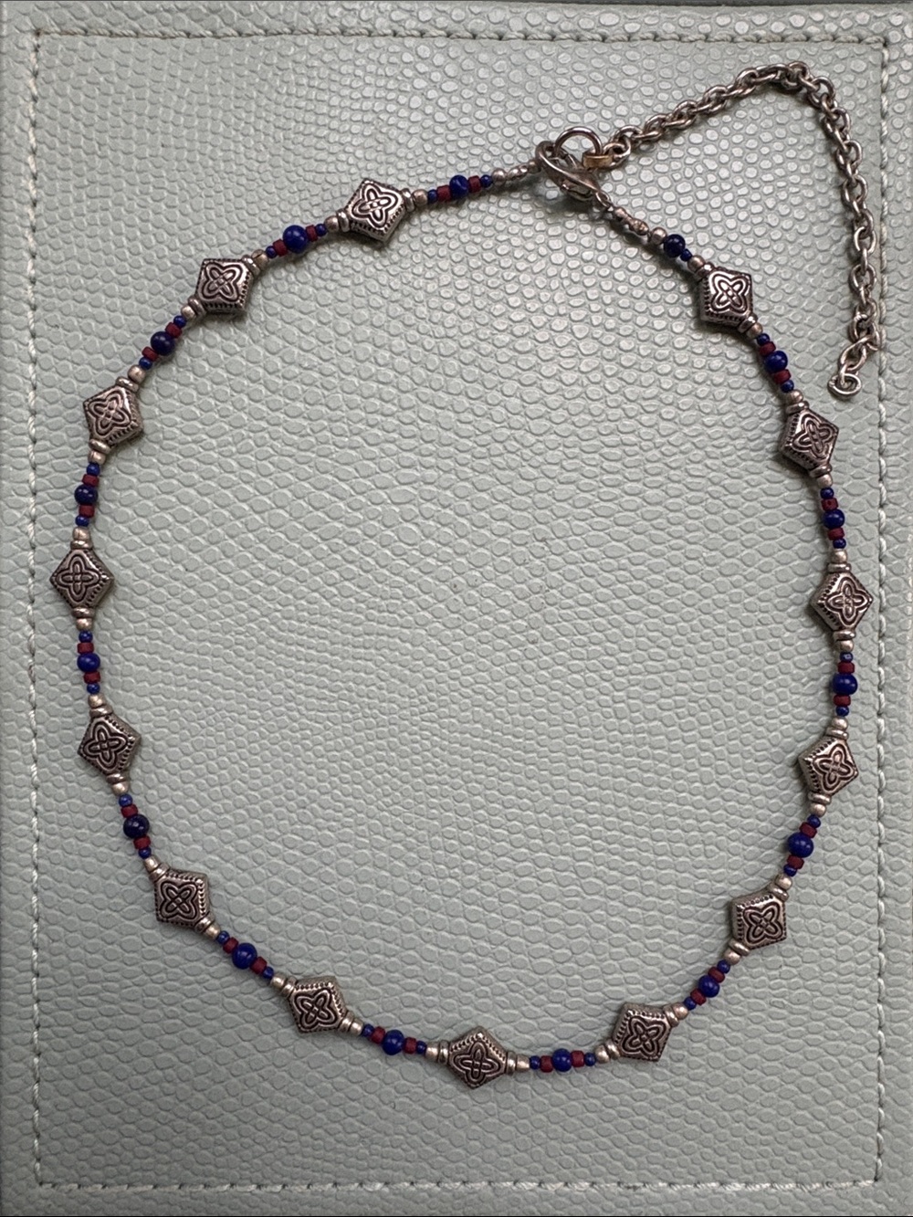 Handcrafted Silver-Tone Blue and Red Beaded Choker Necklace